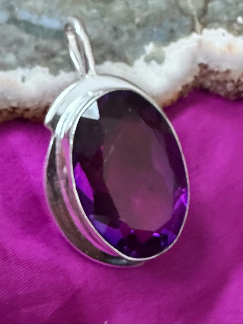 Artisan Silver Pendant with Vivid Purple lab created, amethyst Faceted Stone
